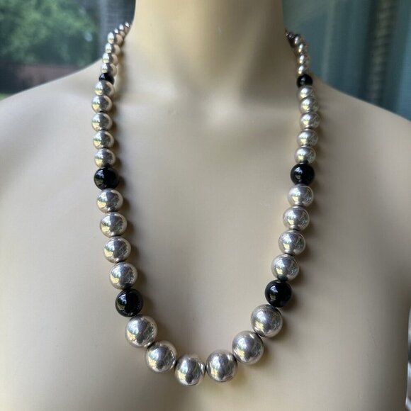 VTG Necklace24" Onyx Graduated Ball Beads Tongue Clasp 925 Sterling 107.7g - Picture 2 of 7